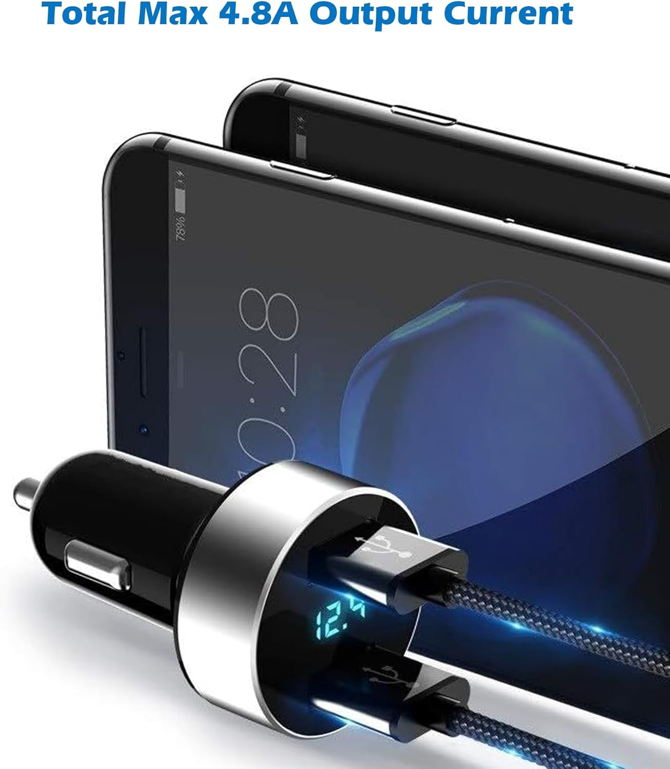 Dual USB Car Charger,4.8A Output,Cigarette Lighter Voltage Meter Compatible with Apple Iphone,Ipad,Samsung Galaxy,Lg,Google Nexus,Usb Charging Devices,Silver