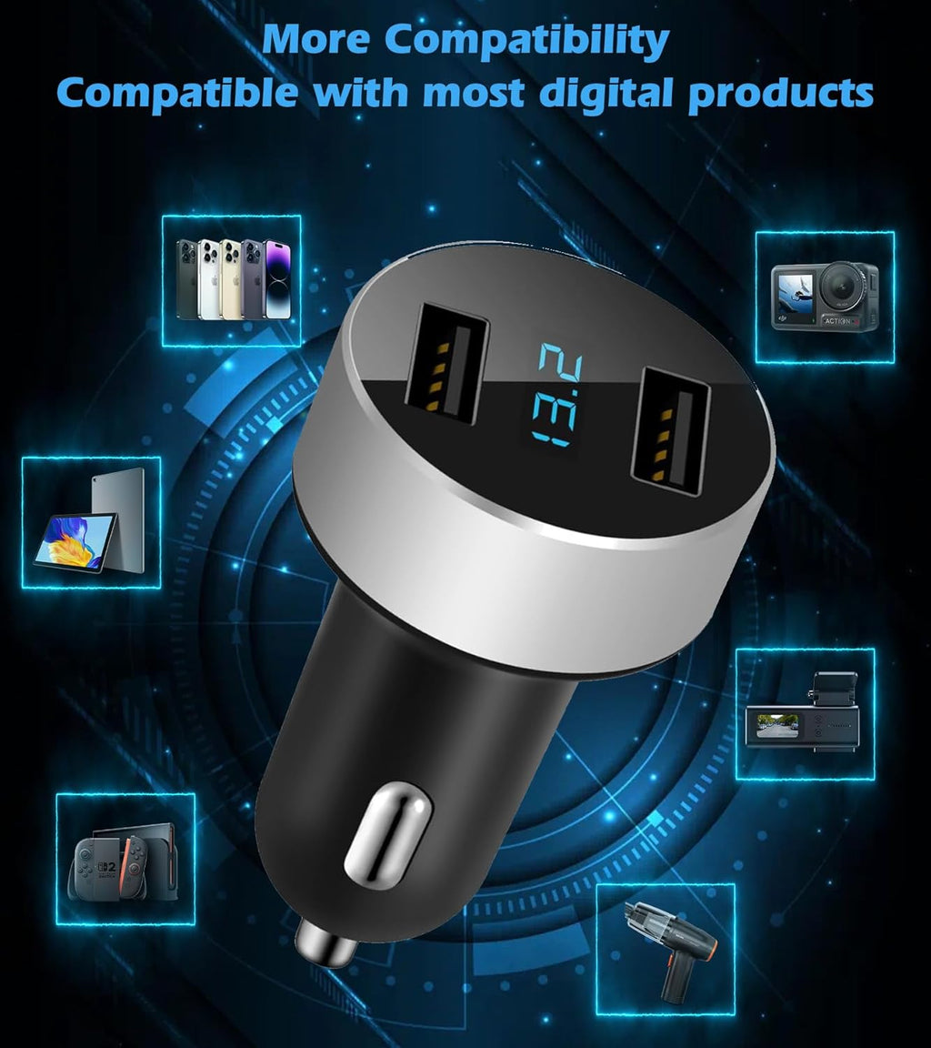 Dual USB Car Charger,4.8A Output,Cigarette Lighter Voltage Meter Compatible with Apple Iphone,Ipad,Samsung Galaxy,Lg,Google Nexus,Usb Charging Devices,Silver